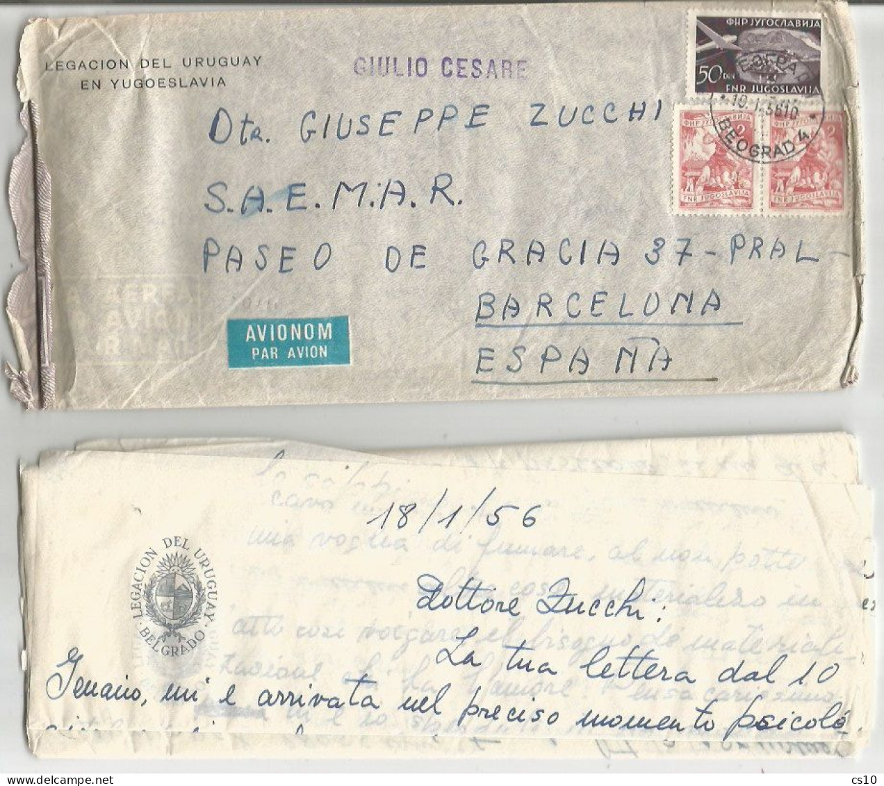 Jugoslavija Legation Uruguay AirmailCV Beograd 19jan1956 X Spain To S/S "Giulio Cesare" With Content (6pages) - Luftpost