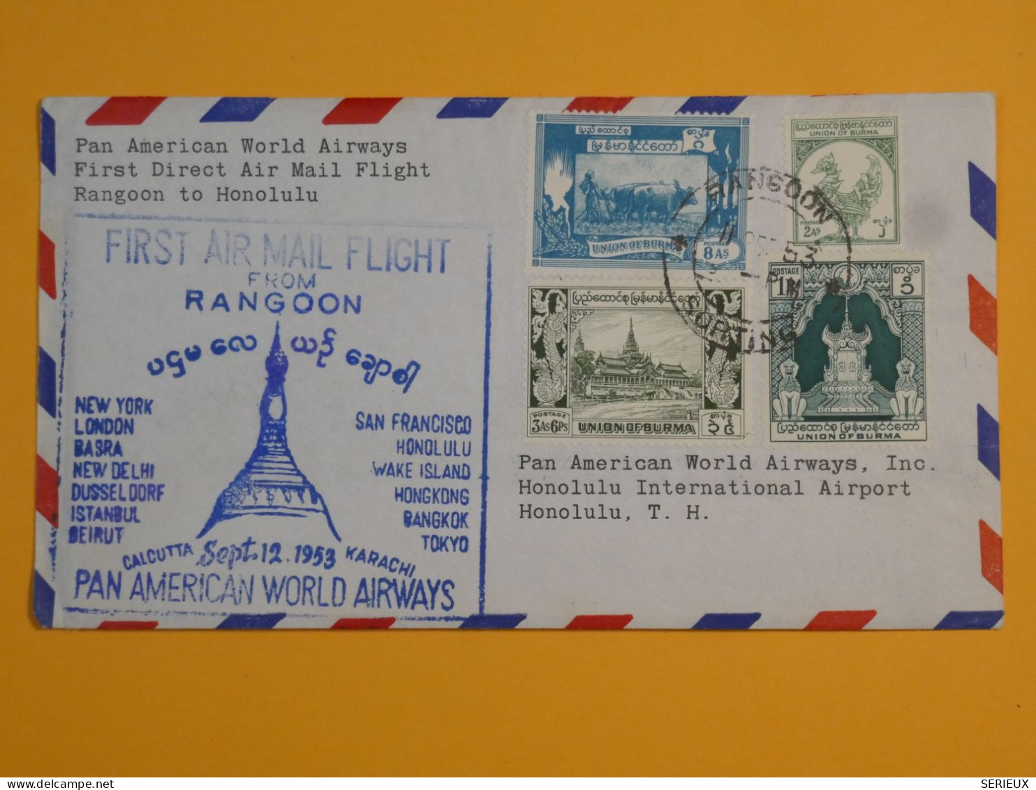 DJ 5 BURMA  BELLE  LETTRE FIRST AIRMAIL    1953 RANGOON A HONOLULU HAWAI USA + + AFFRANC. INTERESSANT - Myanmar (Birmanie 1948-...)