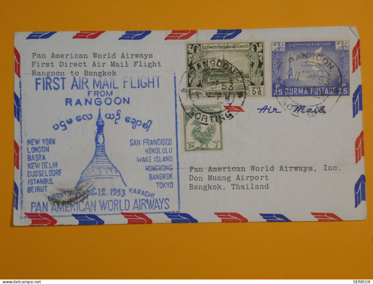 DJ 5 BURMA  BELLE  LETTRE FIRST AIRMAIL    1953 RANGOON A   BANGKOK THAILAND  + AFFRANC. INTERESSANT - Myanmar (Birmanie 1948-...)