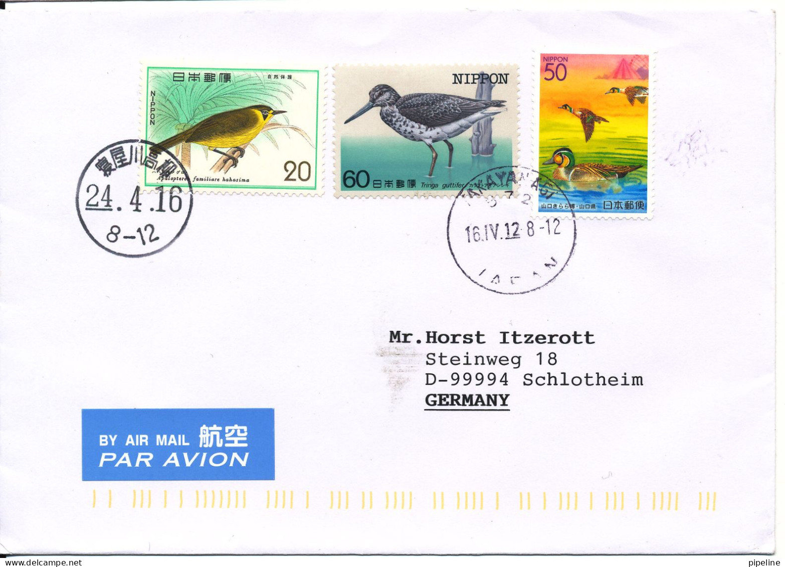 Japan Cover Sent Air Mail To Germany 16-4-2012 Topic Stamps BIRDS - Covers & Documents