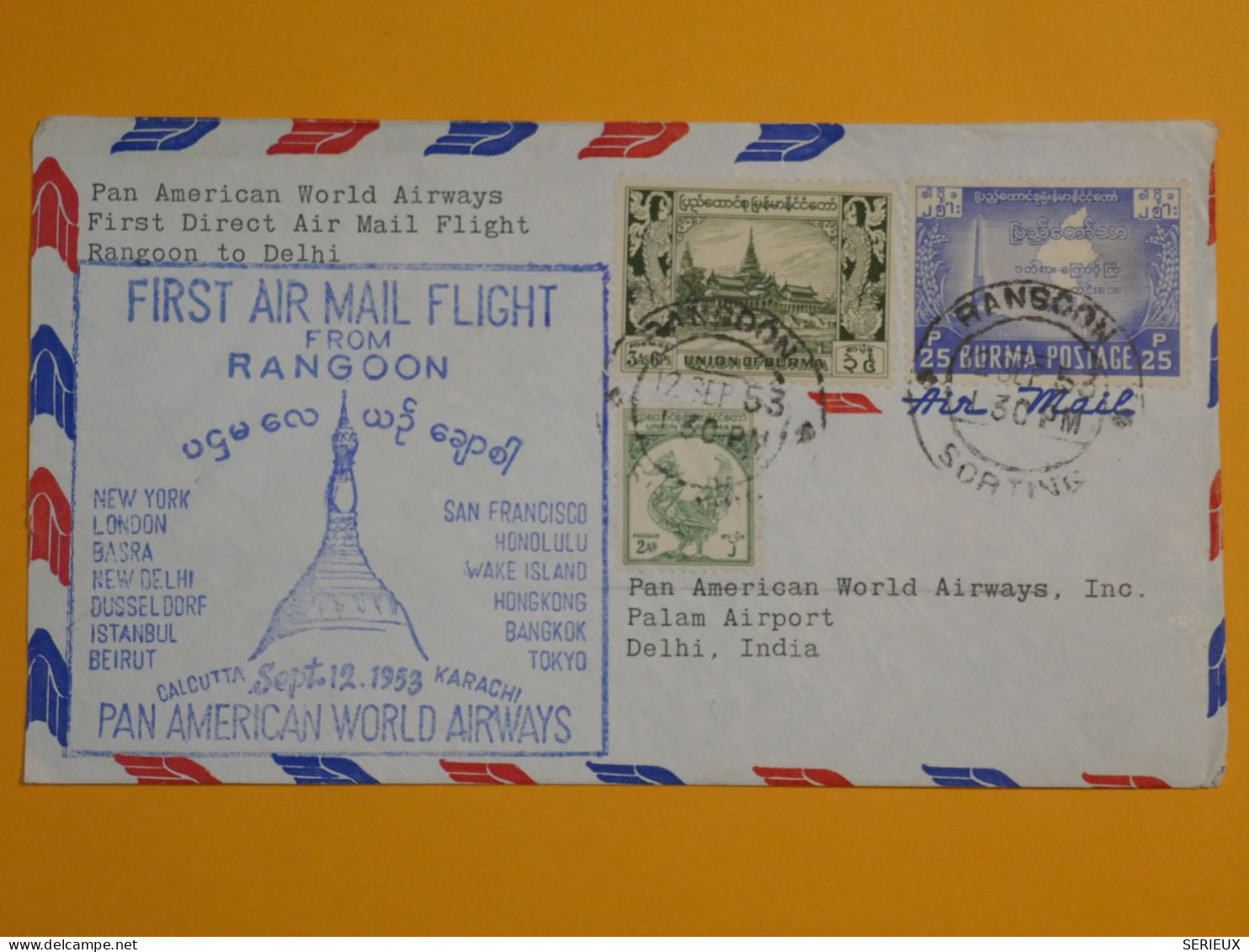 DJ 5 BURMA  BELLE  LETTRE FIRST AIRMAIL    1953 RANGOON A DEHLI INDE  + AFFRANC. INTERESSANT - Myanmar (Birmanie 1948-...)