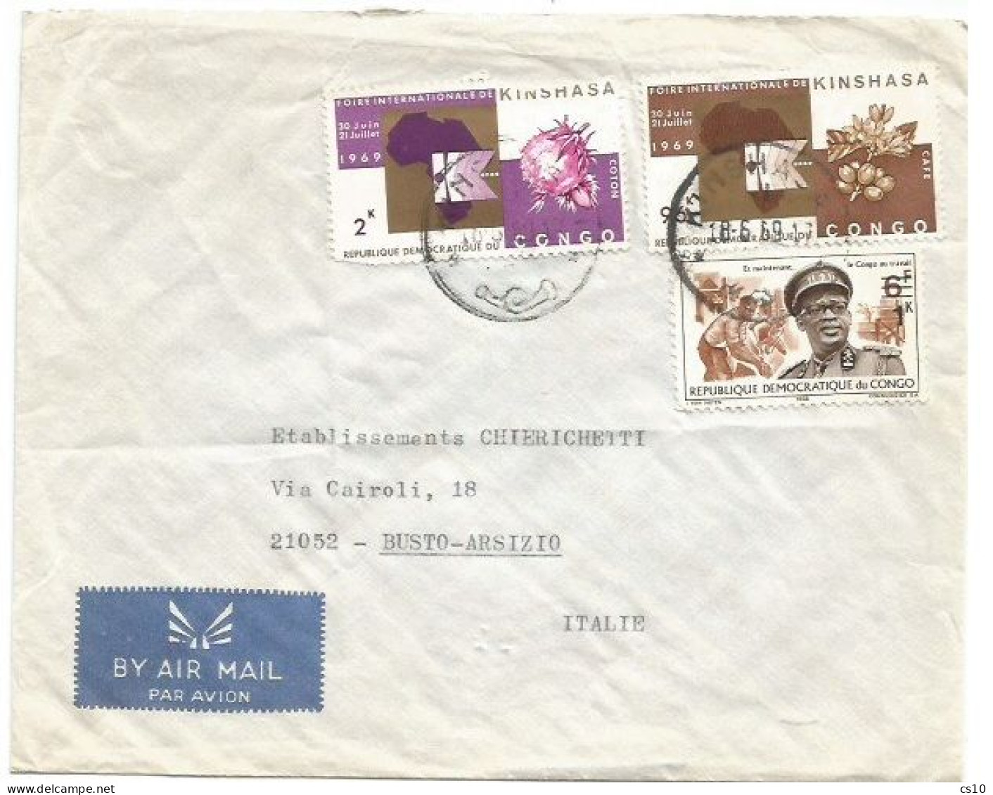 Congo Commerce Airmail Cover Kinshasa 18jun1969 X Italy With  Stamps Rate 99k - Lettres & Documents