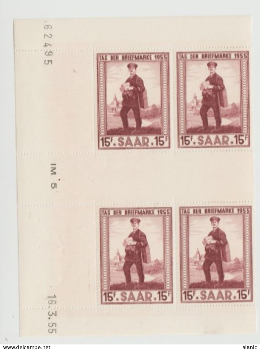 SARRE-N°342** BLOC DE QUATRE -COIN DATE (16/03/55) NEUF SANS CHARNIERE TBE - Unused Stamps