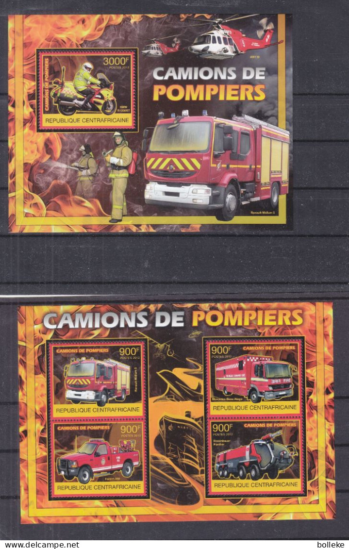 Camions De Pompiers - Motos - Hélicoptères - Centrafricaine - Yvert 2500 / 3 + BF 489 ** - Valeur 37 Euros - Camiones