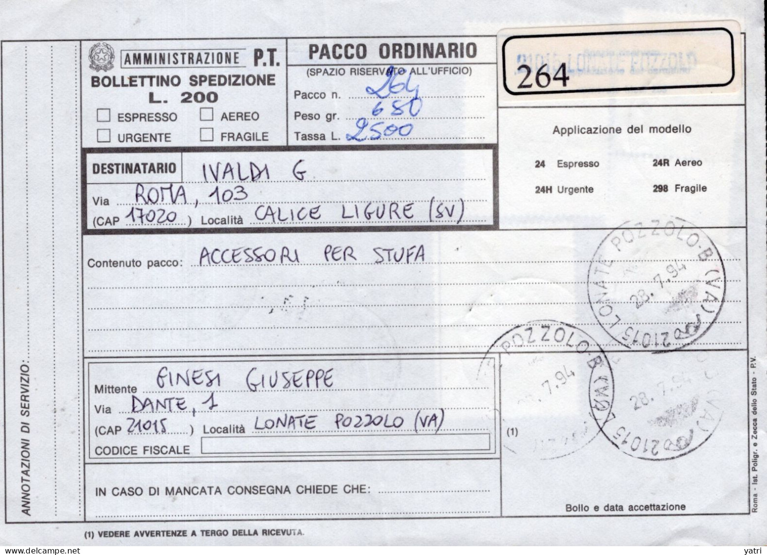 Italia (1994) - Bollettino Pacchi Da Lonate Pozzolo (VA) Per Pietra Ligure - (accessori Stufa) - Pacchi Postali