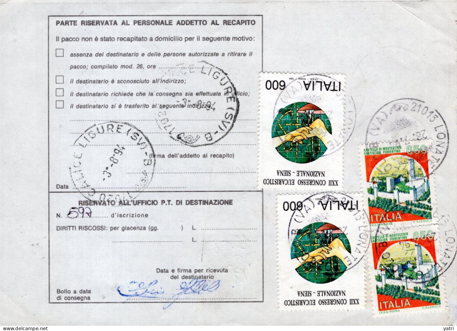 Italia (1994) - Bollettino Pacchi Da Lonate Pozzolo (VA) Per Pietra Ligure - (accessori Stufa) - Postpaketten