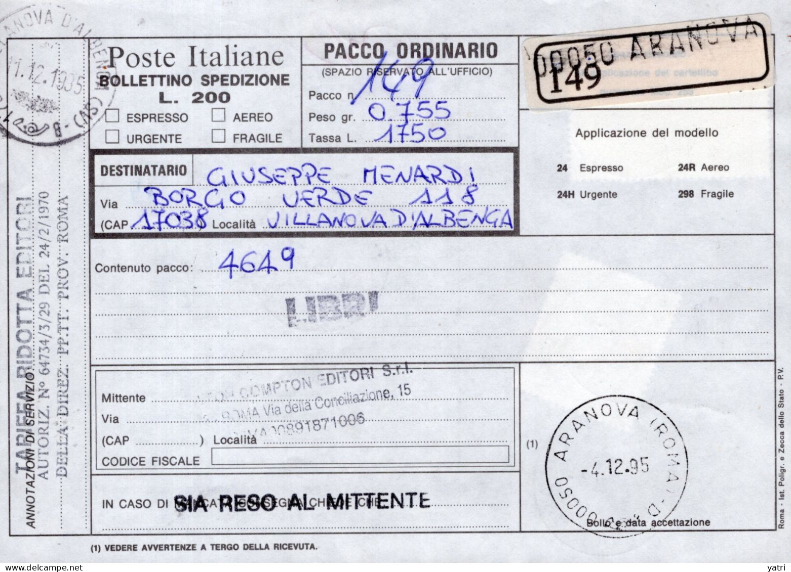 Italia (1995) - Bollettino Pacchi In Tariffa Ridotta Da Roma Per Villanova D'Albenga (SV) - (libri) - Pacchi Postali