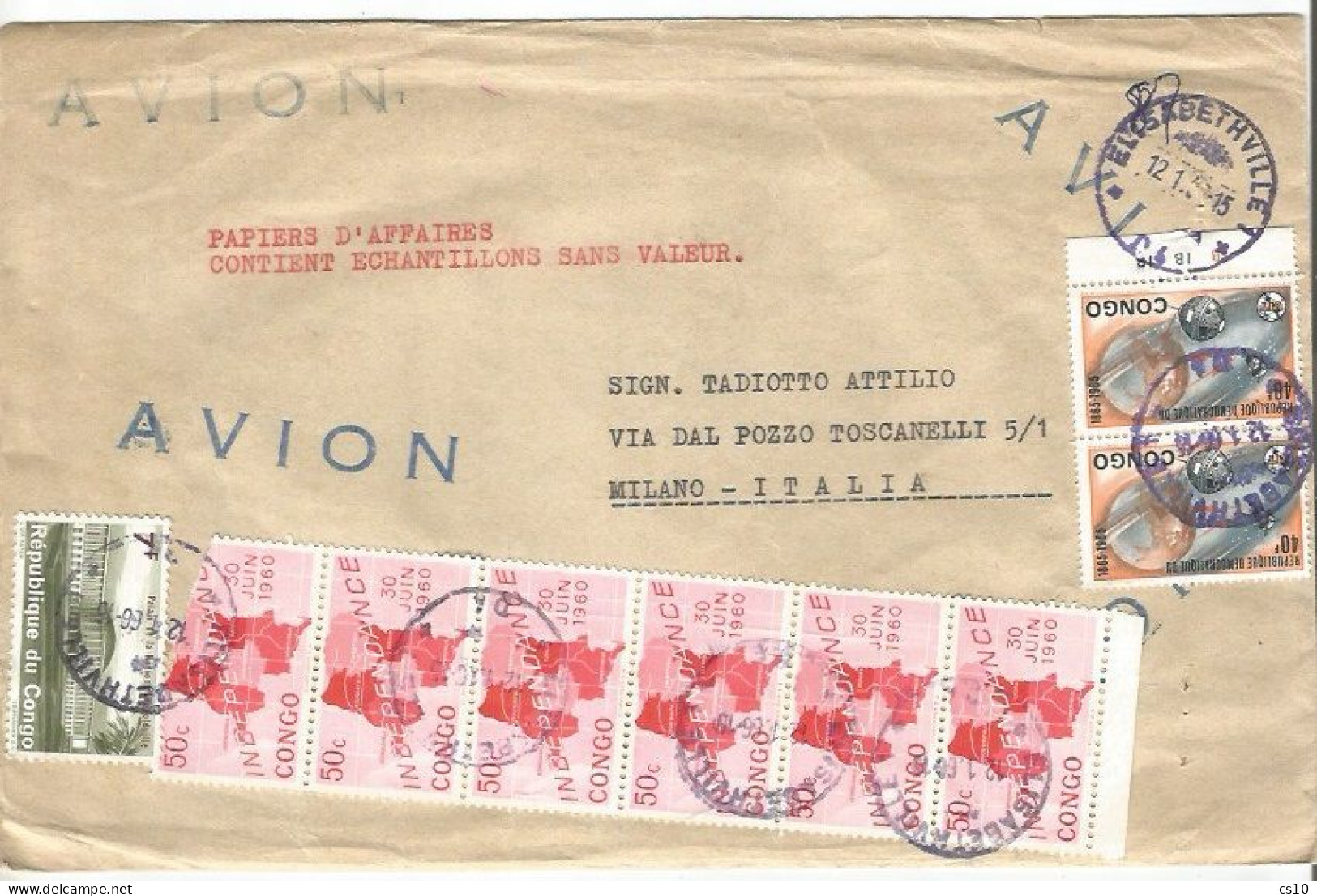 Congo Papier D'affaires Echantillons Sans Valeur Airmail Cover Elisabethville 12jan1966 X Italie Avec 9tps Tarif F.90 - Lettres & Documents