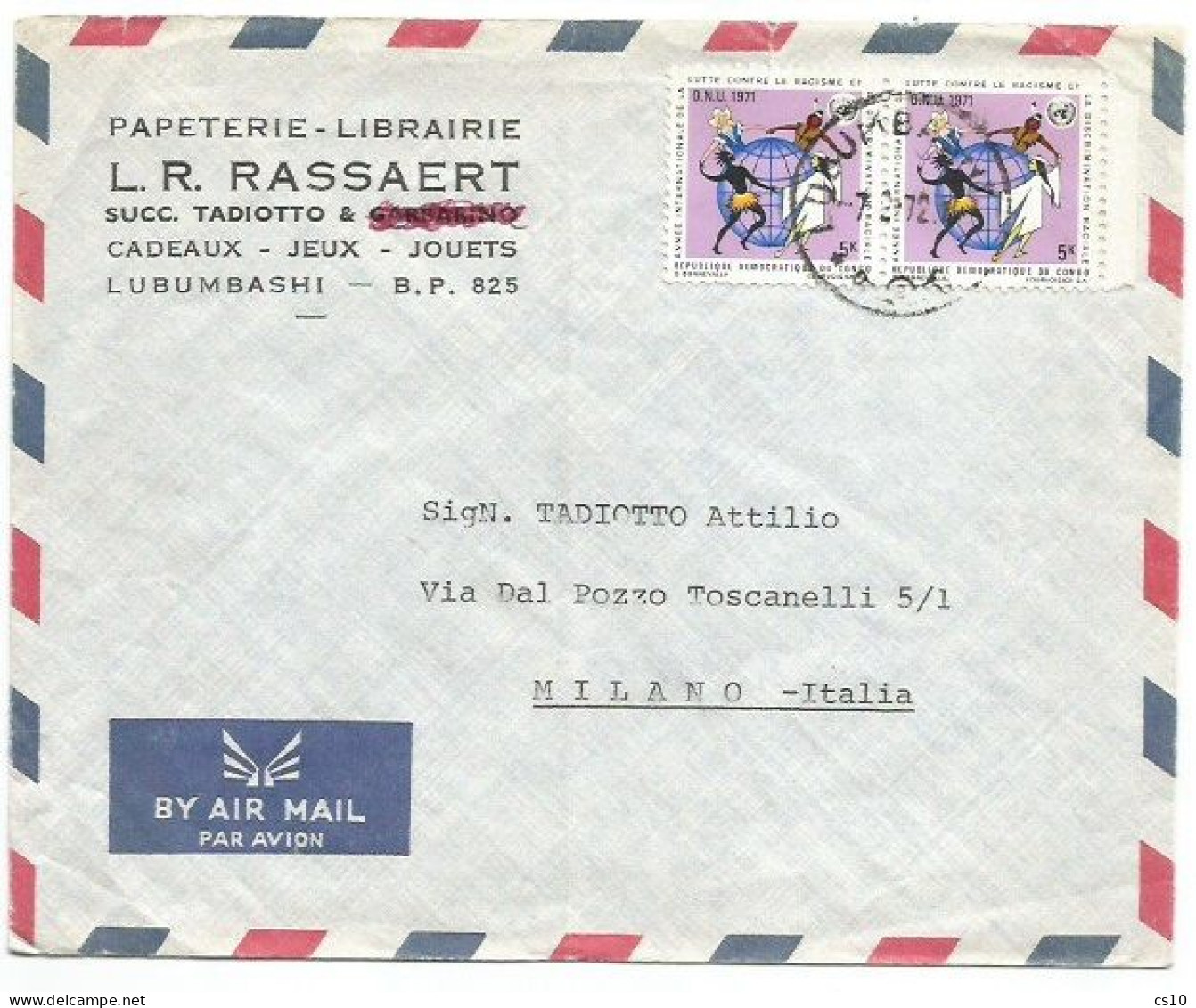 Congo  Zaire Airmail Cover Lubumbashi 7feb1972 X Italy With ONU Racisme K.5 Pair Simple Franking - Storia Postale