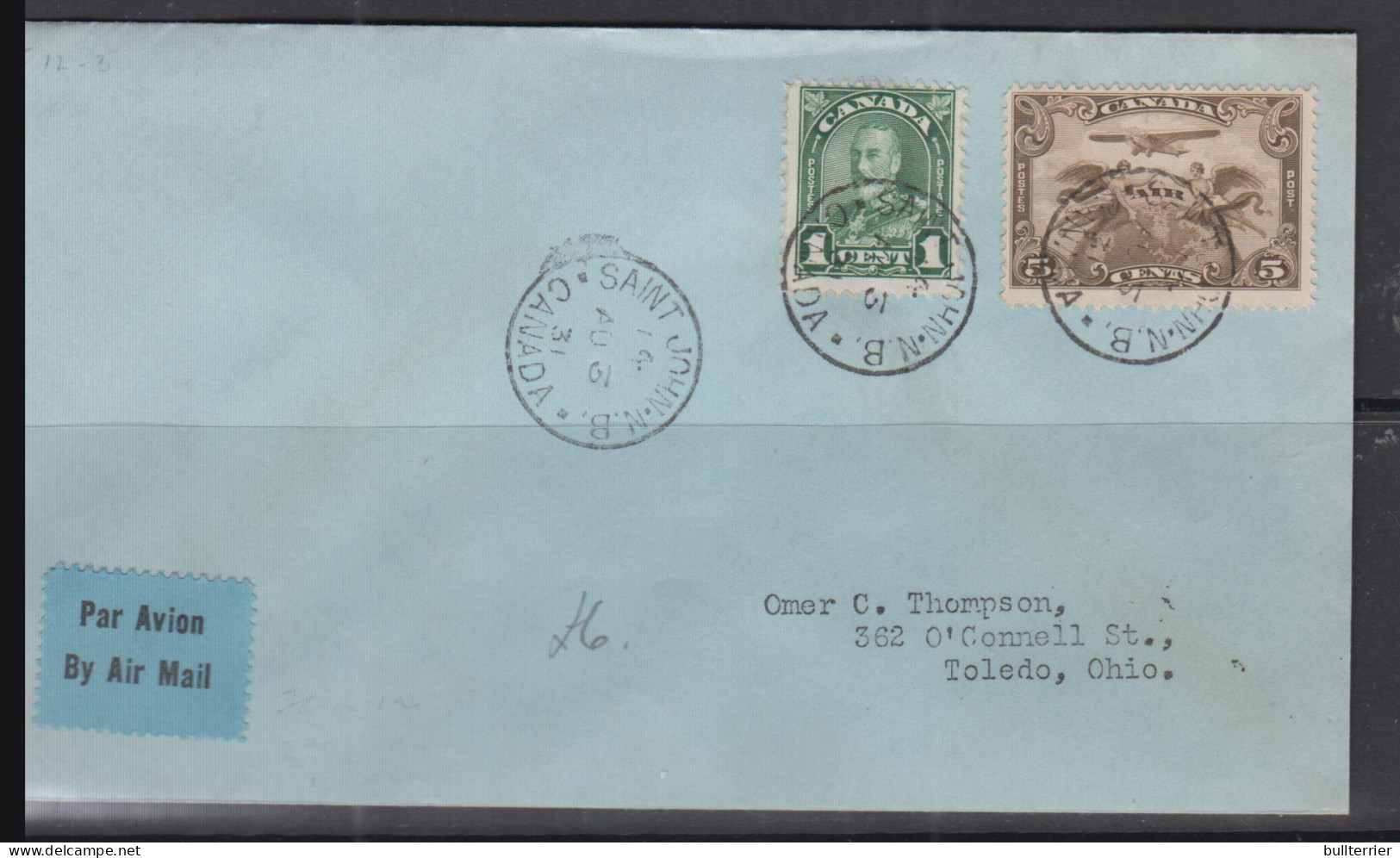 CANADA - 1931 - AIRMAIL COVER ST JOHNS TO TOLEDO , OHIO  - Airmail