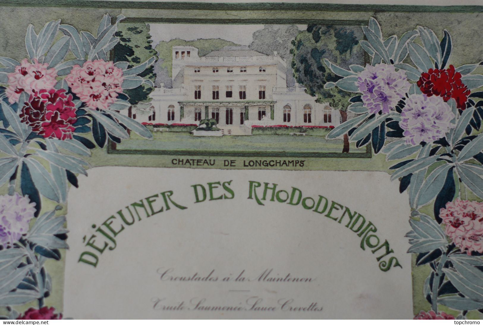 Grand Menu Déjeuner Des Rhododendrons Chateau De Longchamps Vers 1900 Art Nouveau - Menus