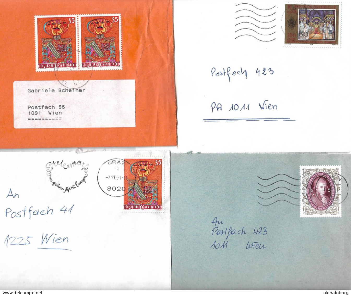 0501z: Österreich 1991, Kleines Brieflot Bestehend Aus 4 Bedarfsbriefen (Mozart, Moderne Kunst, Etc...) - Storia Postale