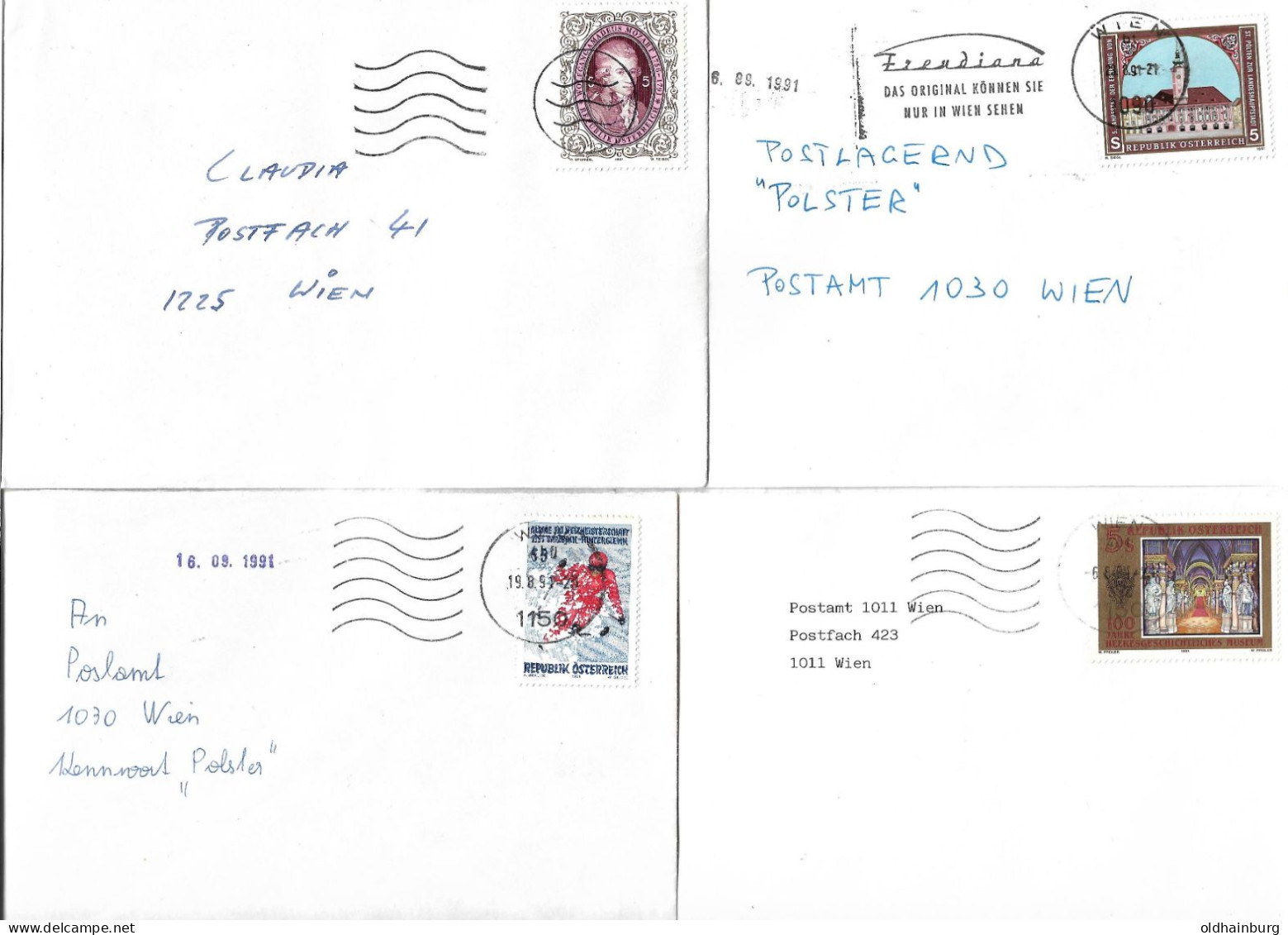 0501x: Österreich 1991, Kleines Brieflot Bestehend Aus 4 Einzelfrankaturen - Briefe U. Dokumente