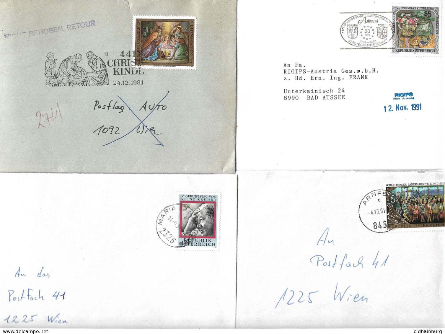 0501w: Österreich 1991, Kleines Brieflot Bestehend Aus 4 Einzelfrankaturen - Storia Postale