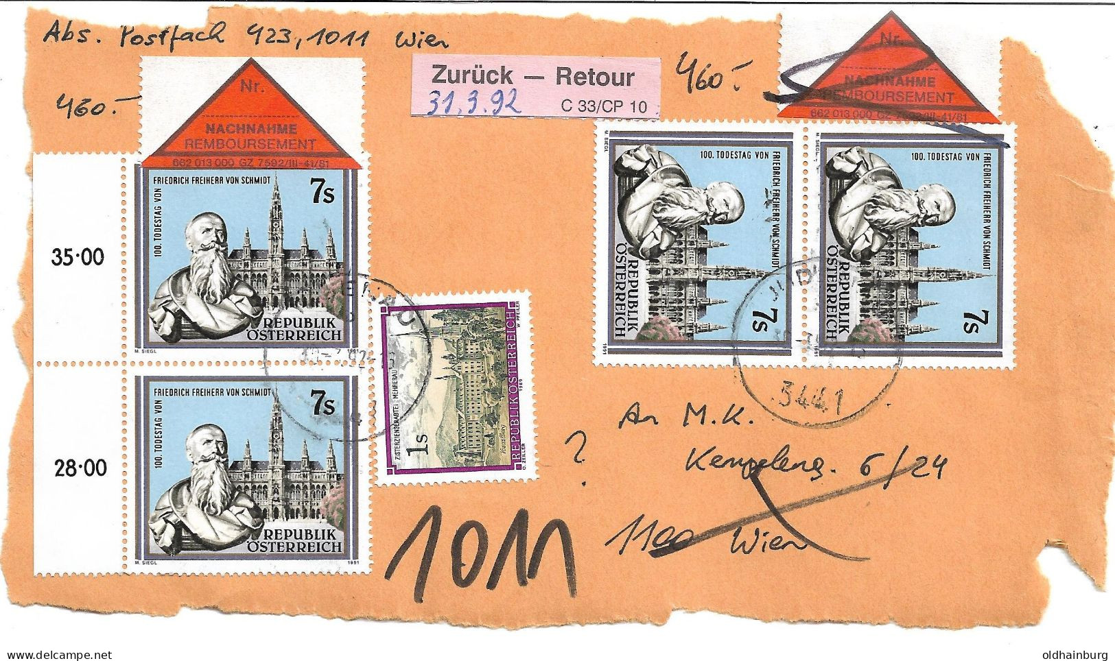 0501u: Österreich 1991, Architekt Friedrich Freiherr Schmidt Auf Nachnahme- Briefvorderseite, Portorichtig - Cartas & Documentos