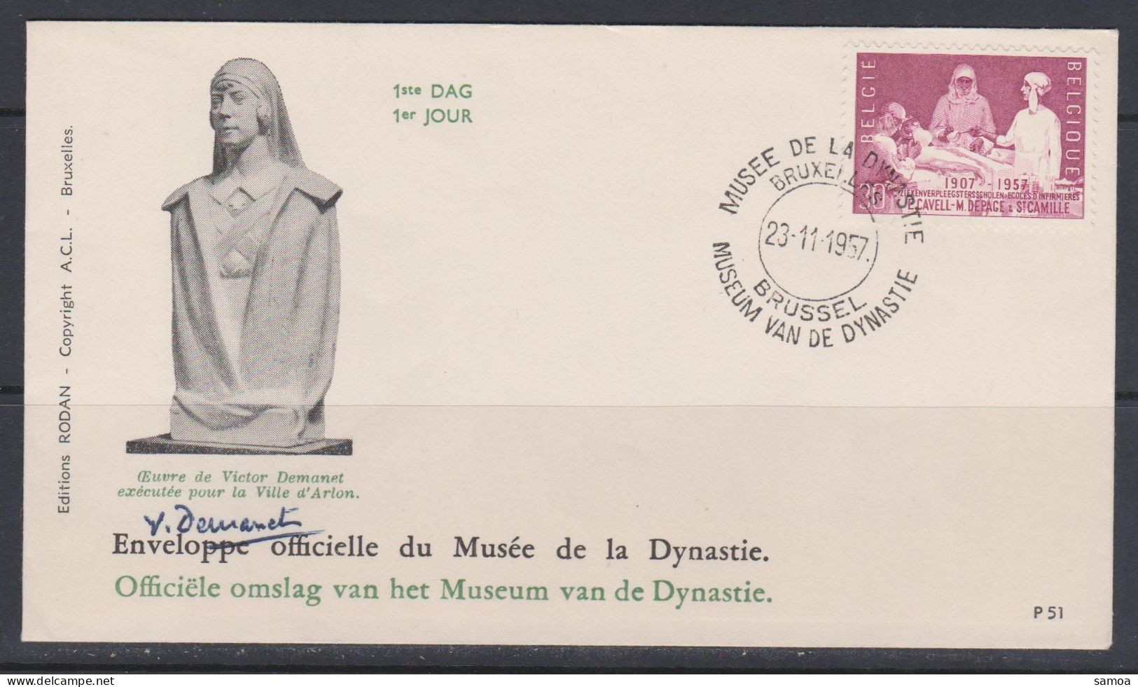 Belgique FDC 1957 1038 Reine Eisabeth Écoles D’infirmières Statue De Victor Demanet à Arlon Autographe - 1951-1960