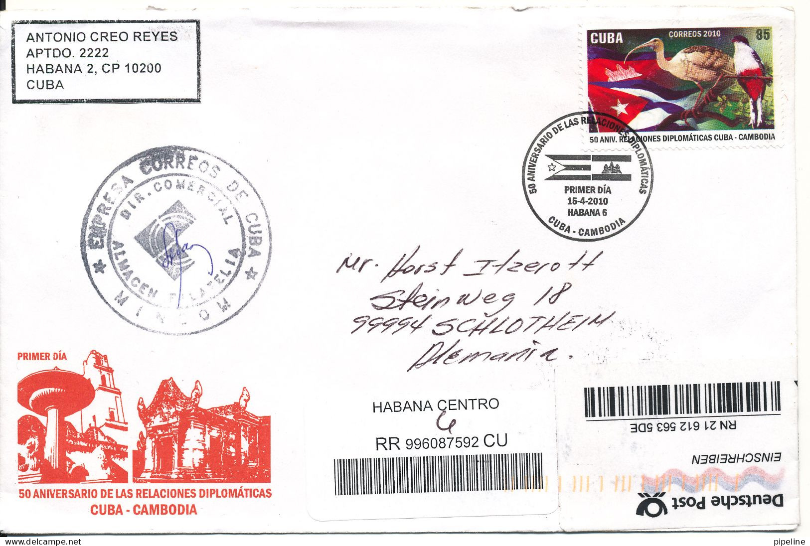 Cuba Registered FDC 15-4-2010 Sent To Germany Single Franked BIRDS And Uprated On The Backside Of The Cover - FDC
