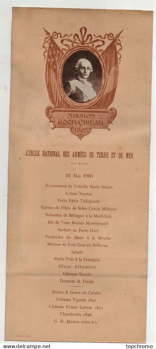 Menu Diner 1903 Mission Rochambeau Cerle National Des Armées De Terre Et De Mer Militaria - Menus