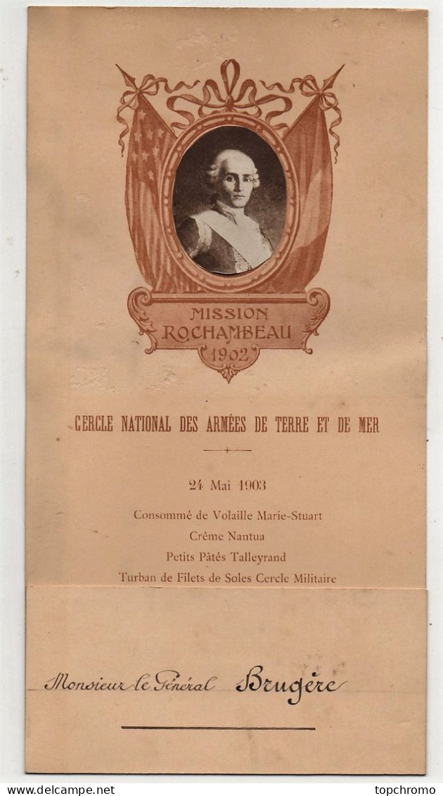 Menu Diner 1903 Mission Rochambeau Cerle National Des Armées De Terre Et De Mer Militaria - Menus