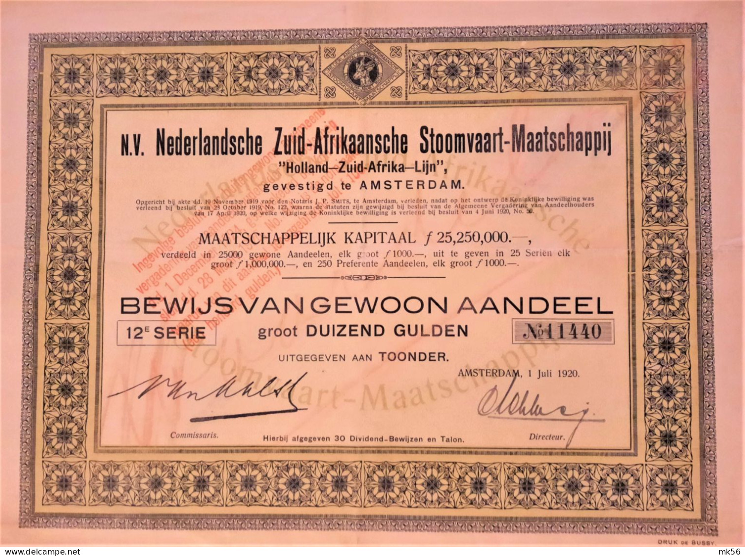 Nederlandsche Zuid-afrikaansche Stoomvaartmaatschappij - Gew Aandeel 1000 Gld (1920) Amsterdam - Navy