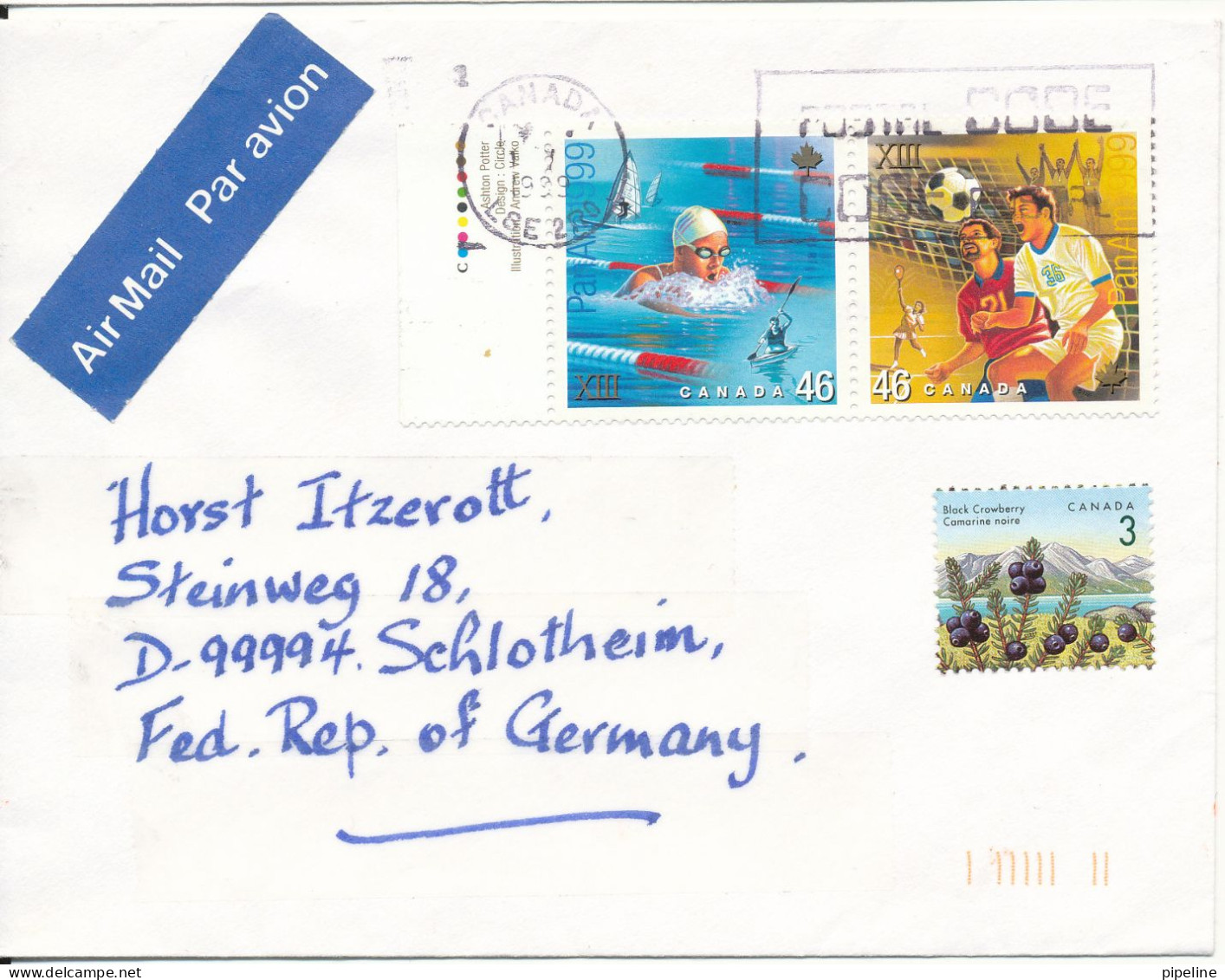 Canada Cover Sent Air Mail To Germany 1999 Topic Stamps Sport - Briefe U. Dokumente