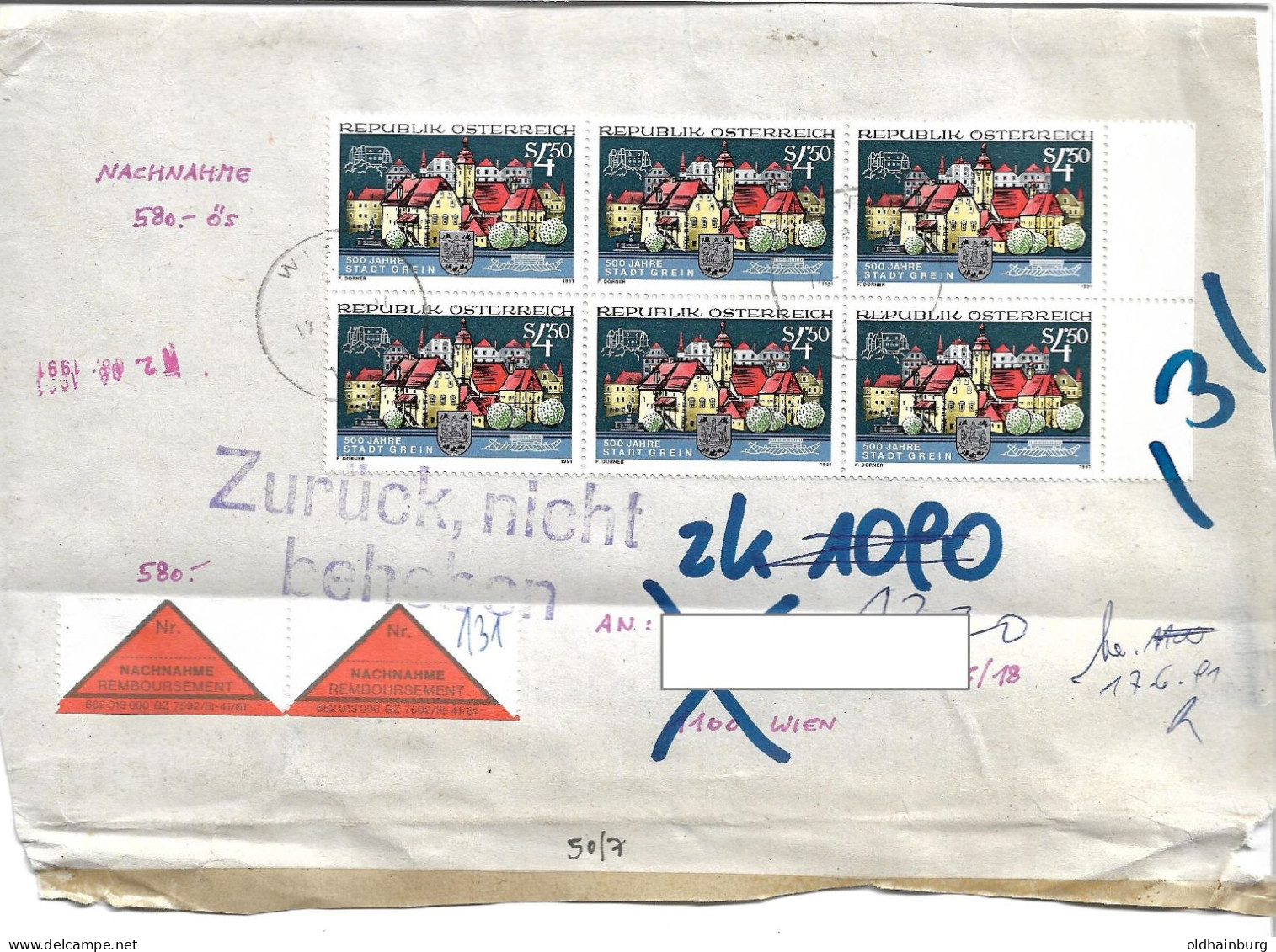 0501g: Österreich 1991, 500 Jahre Stadt Grein, Wappen, Auf MeF- Nachnahme- Briefvorderseite, Portorichtig - Enveloppes
