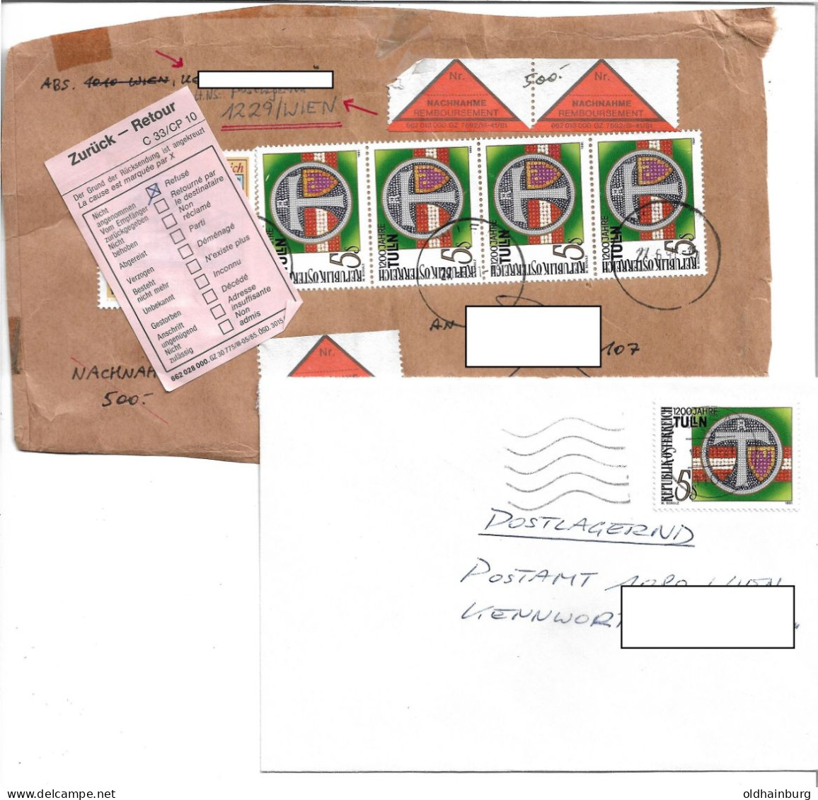 0501e: Österreich 1991, 1200 Jahre Tulln, Wappen, Auf MeF- Nachnahme- Briefvorderseite, Portorichtig, Und EF - Buste