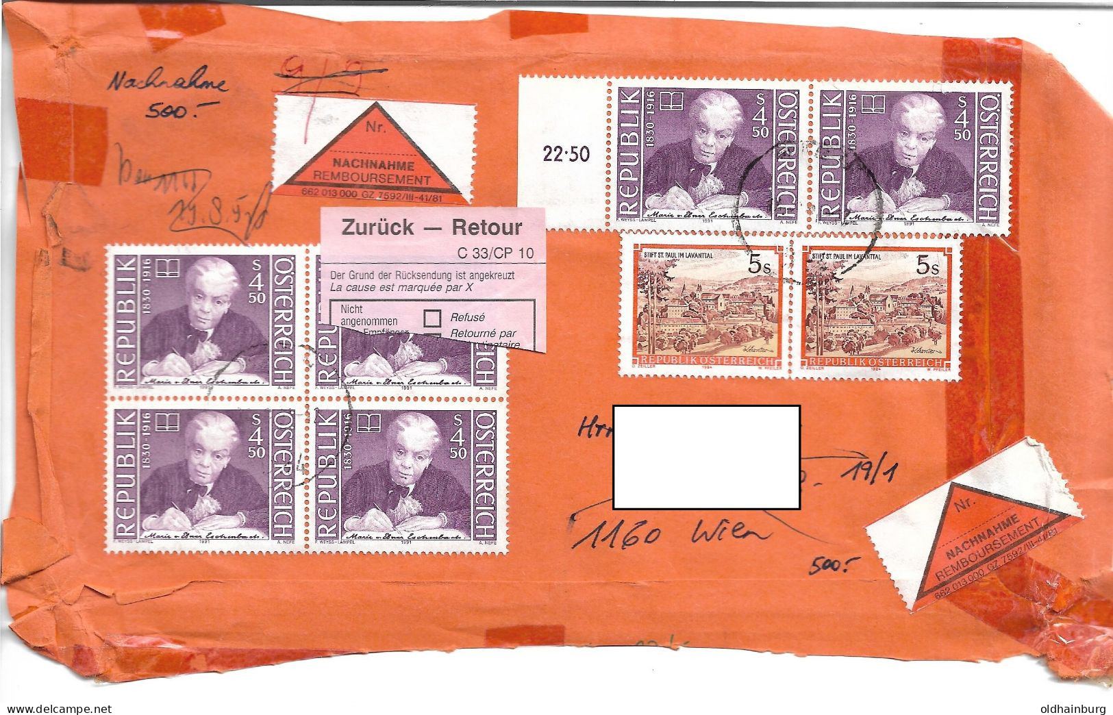 0501b: Österreich 1991, Maria Ebner- Eschenbach, Literatur, Nobelpreis, Auf MeF- Nachnahme-Briefvorderseite Portorichtig - Famous Ladies