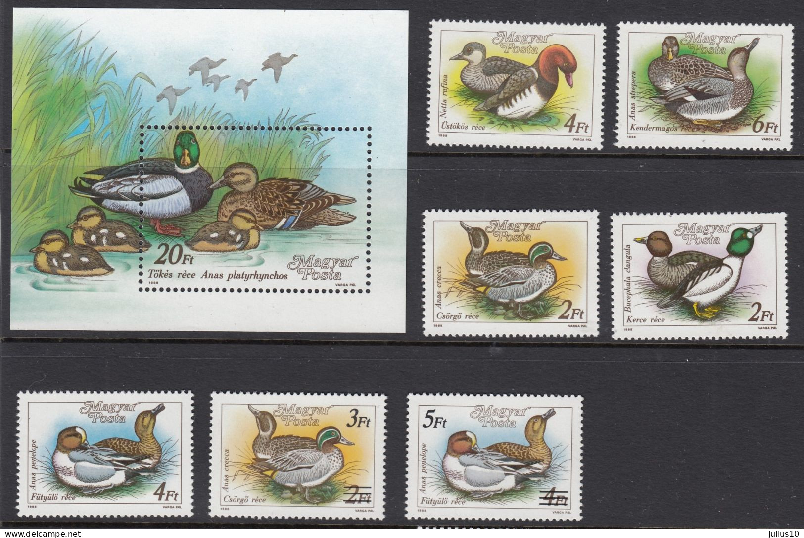 HUNGARY 1988 Fauna Birds Ducks Mi 3972-3976, 4041-4042 Bl 199 MNH(**) #Fauna326-1 - Entenvögel