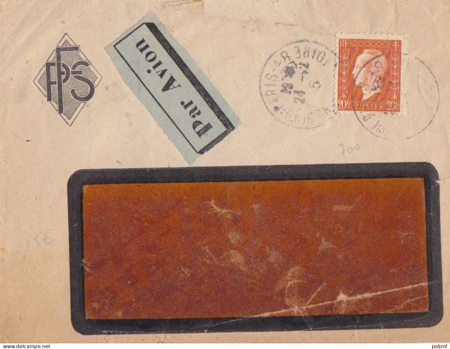 Lettre Par Avion Obl. Paris 48 Le 24/12/45 Sur 20f Dulac N° 700 (tarif Du 8/8/45) Pour L'étranger - 1944-45 Marianne Of Dulac