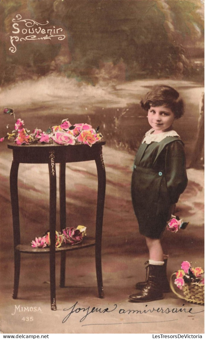 ENFANT - Souvenir - Joyeux Anniversaire - Petit Garçon - Roses - Carte Postale Ancienne - Autres & Non Classés