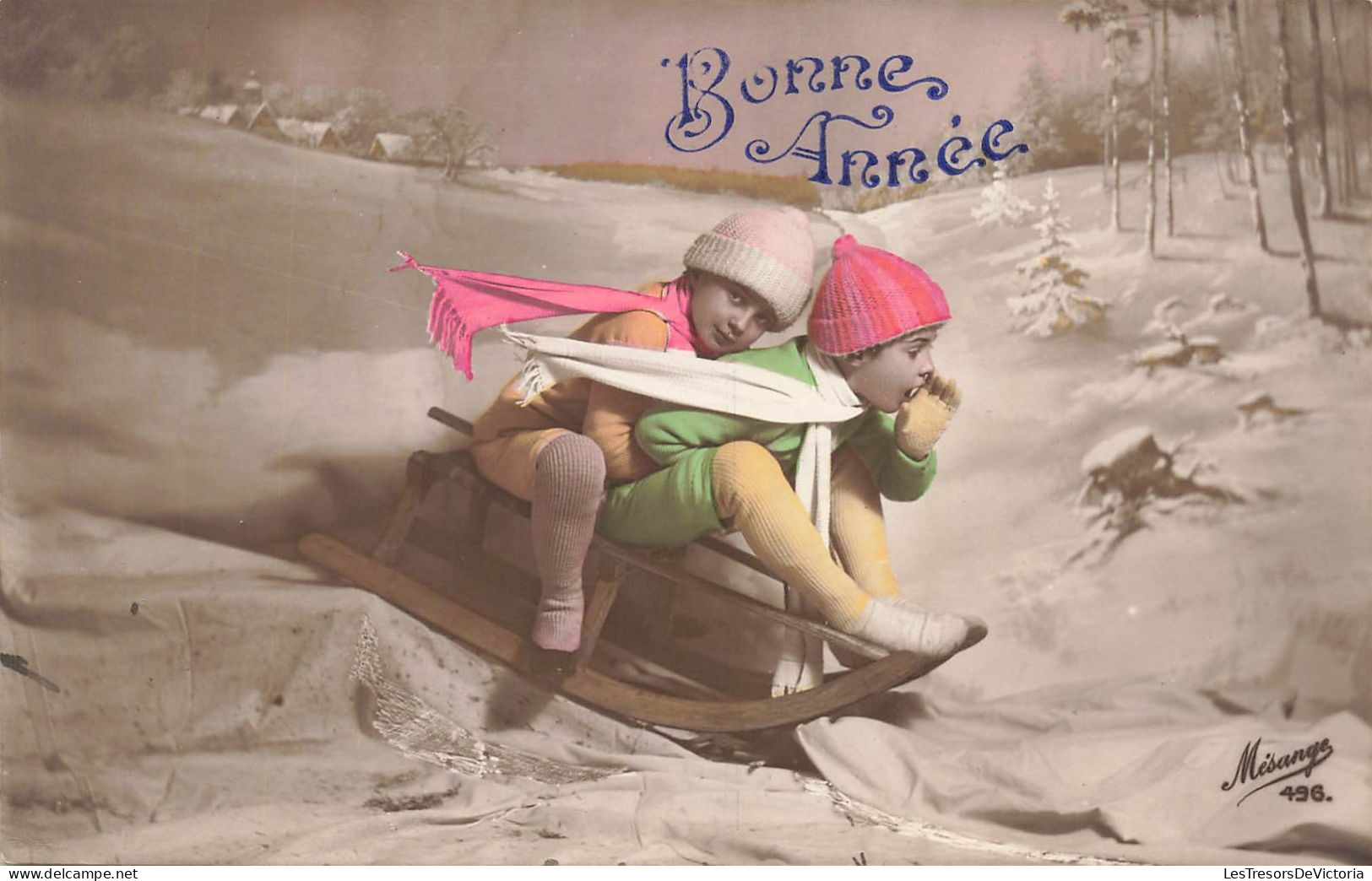 ENFANTS - Bonne Année - Enfants Jouant à La Luge - Neige - Hiver - Carte Postale Ancienne - Andere & Zonder Classificatie