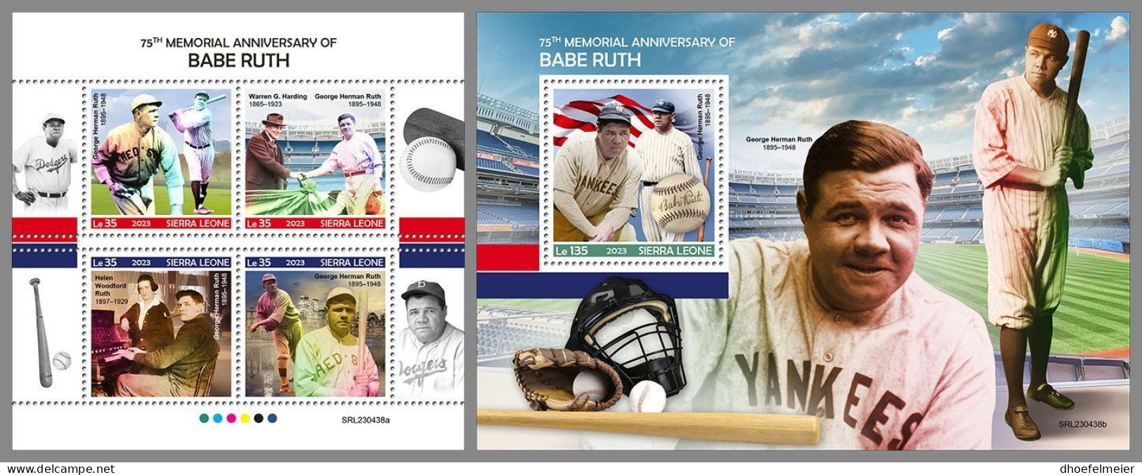 SIERRA LEONE 2023 MNH Babe Ruth Baseball M/S+S/S – OFFICIAL ISSUE – DHQ2407 - Baseball