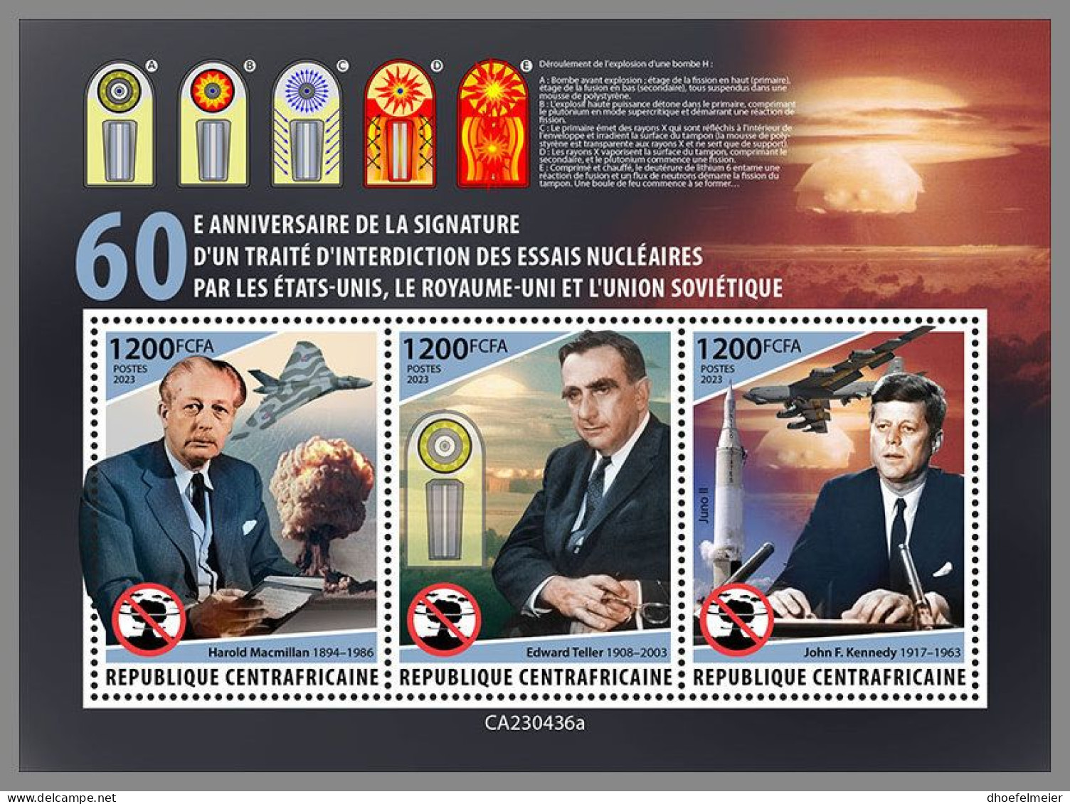 CENTRAL AFRICAN 2023 MNH John F. Kennedy Nuclear Test Ban Treaty M/S – OFFICIAL ISSUE – DHQ2407 - Kennedy (John F.)