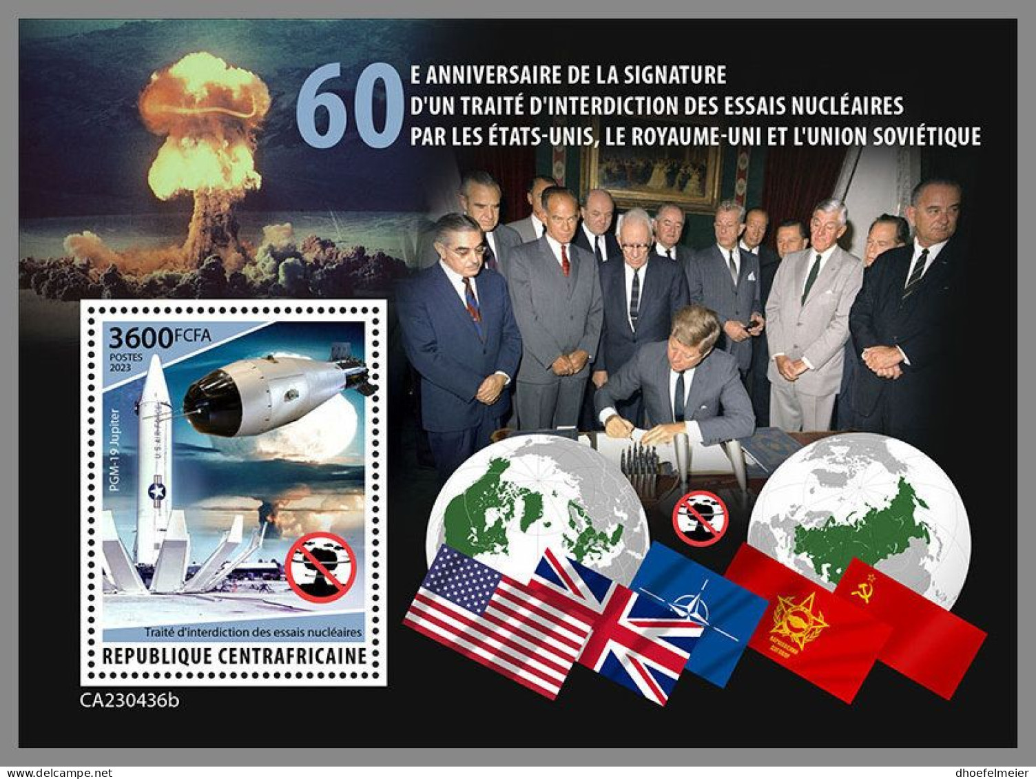 CENTRAL AFRICAN 2023 MNH John F. Kennedy Nuclear Test Ban Treaty S/S – OFFICIAL ISSUE – DHQ2407 - Kennedy (John F.)