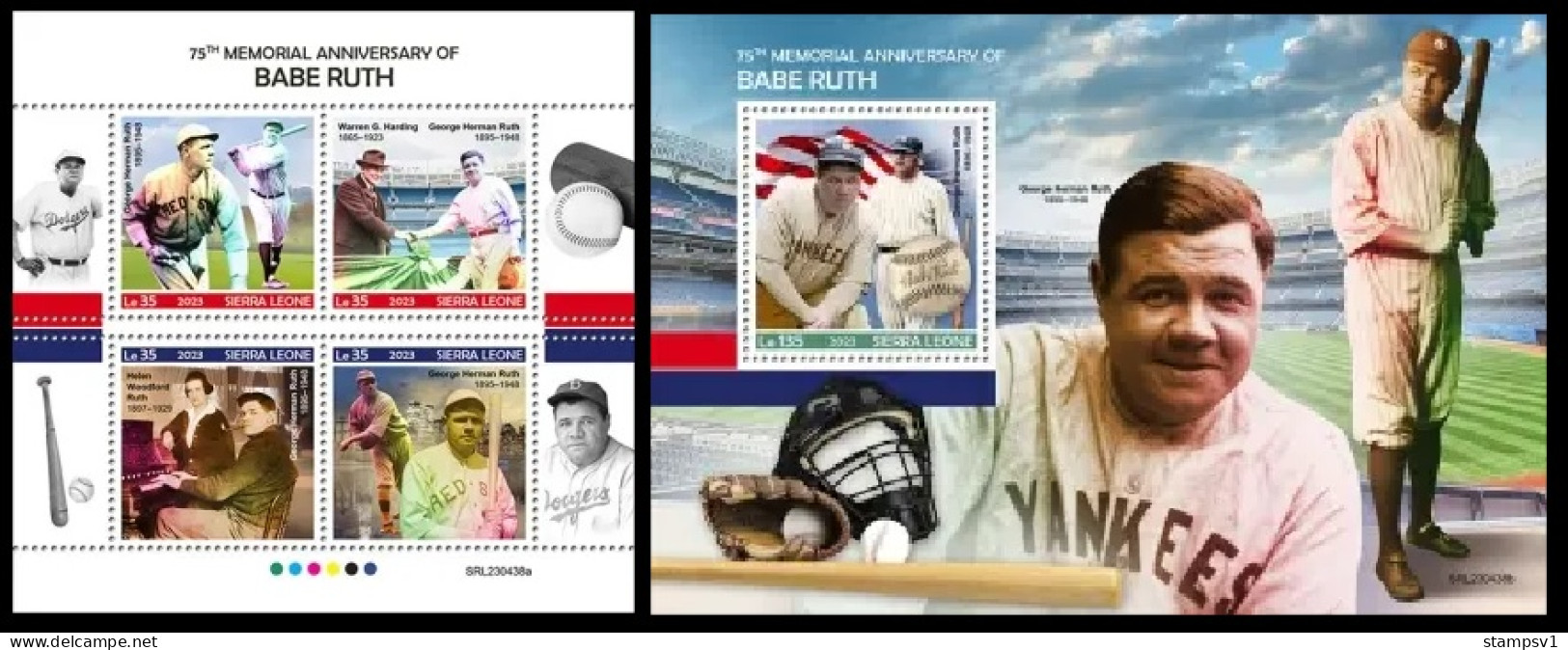 Sierra Leone  2023 75th Memorial Anniversary Of Babe Ruth. (438) OFFICIAL ISSUE - Honkbal