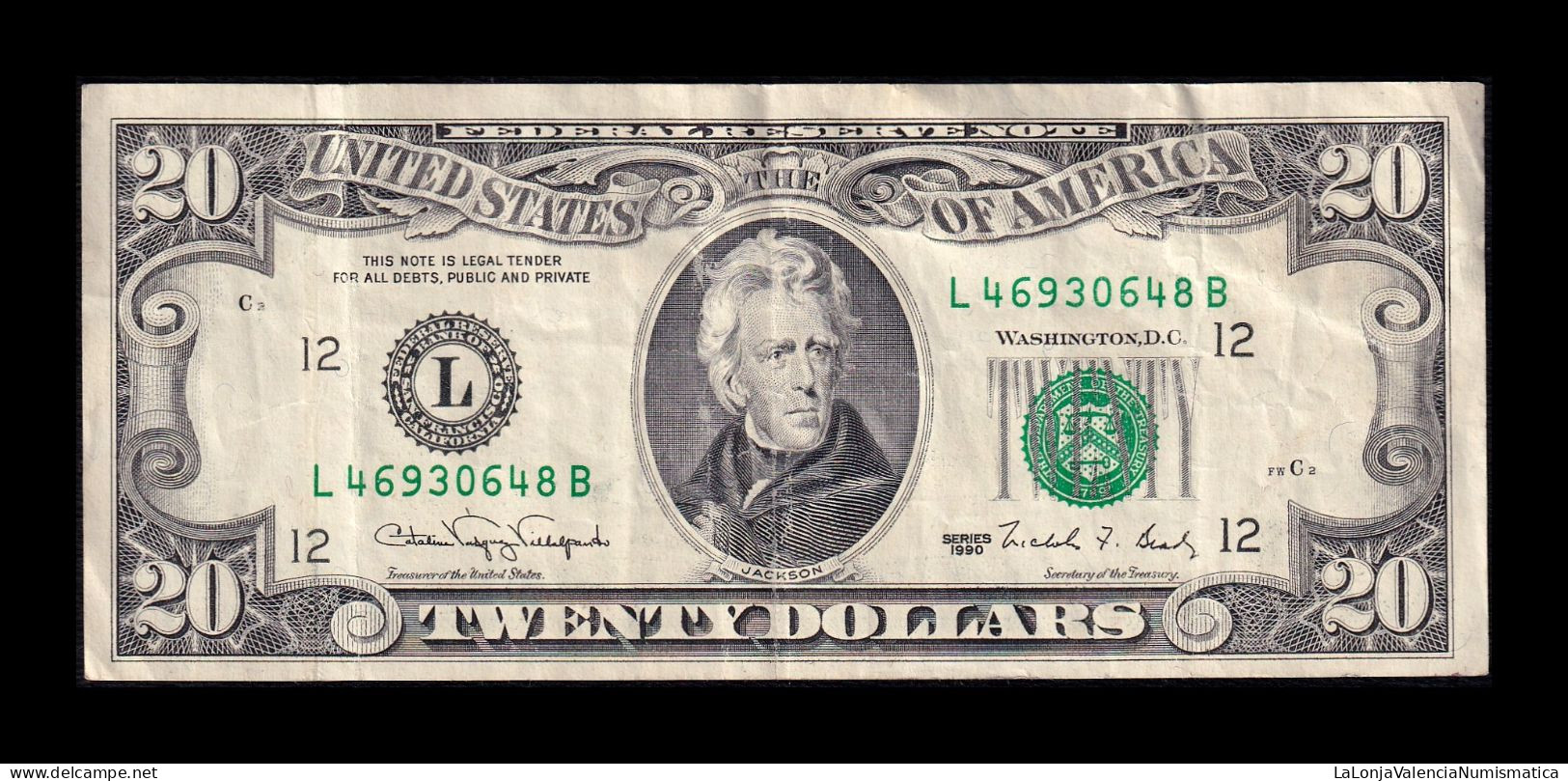 Estados Unidos United States 20 Dollars 1990 Pick 487 L - San Francisco CA Mbc/+ Vf/+ - Billets De La Federal Reserve (1928-...)