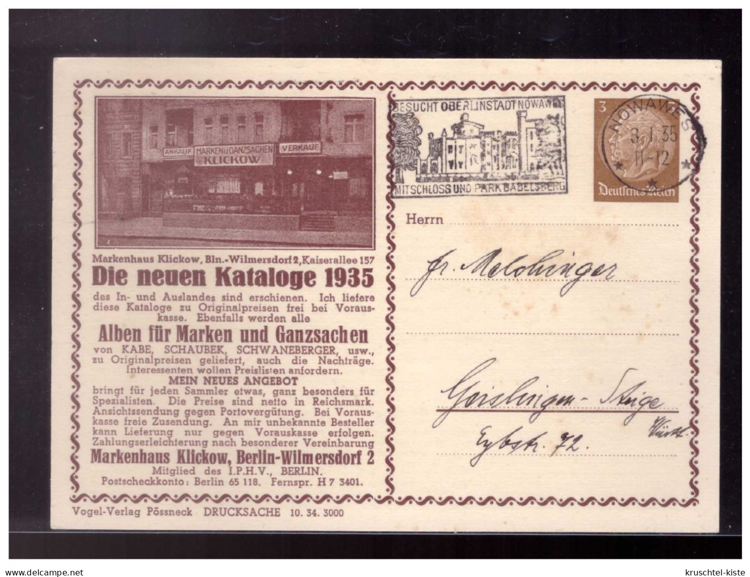 DT- Reich (023779) Privat Ganzsache PP122/ B17/04 Ladenansicht, Die Neuen Kataloge 1935, Gelaufen Nowawes 8.1.1935 - Private Postal Stationery