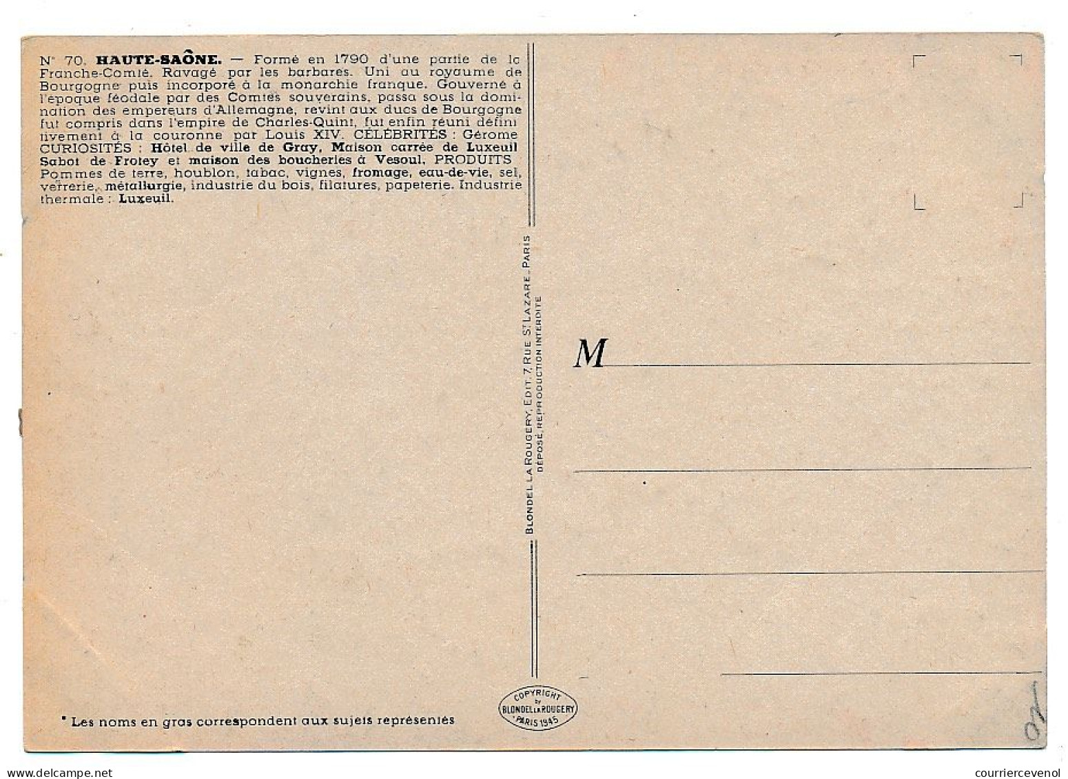 CPSM - HAUTE SAÔNE - Carte Du Département De Haute Saône - Blondel La Rougery édit. - 1945 - Autres & Non Classés