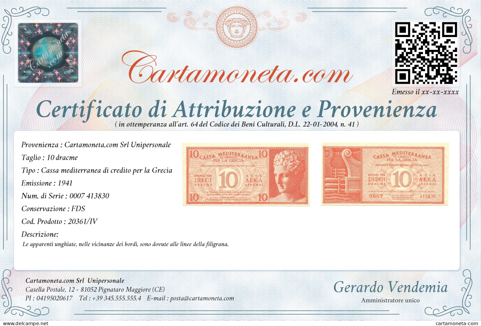 10 DRACME CASSA MEDITERRANEA DI CREDITO PER LA GRECIA 1941 FDS - Other & Unclassified