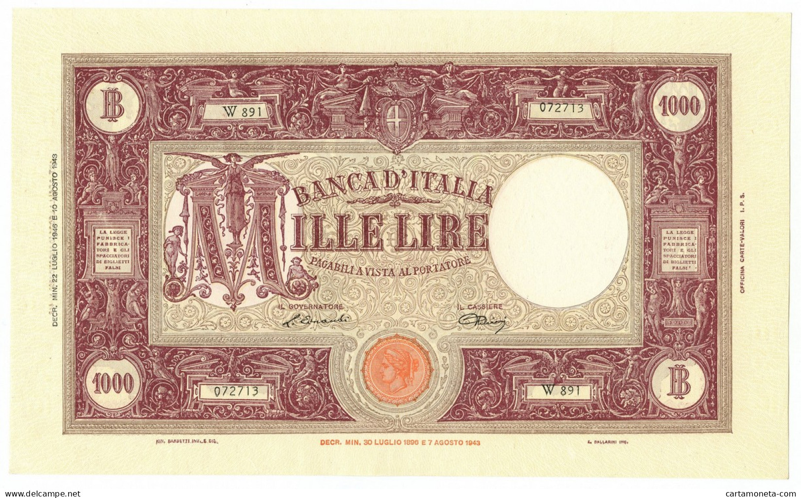 1000 LIRE BARBETTI GRANDE M TESTINA BI REPUBBLICA ITALIANA 22/07/1946 SPL/SPL+ - Autres & Non Classés