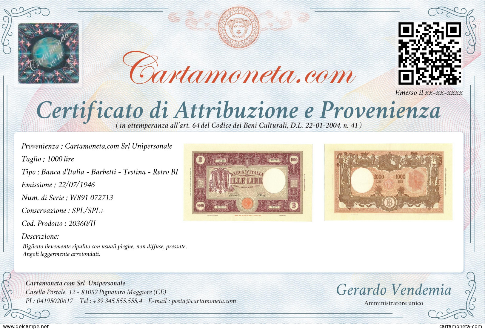 1000 LIRE BARBETTI GRANDE M TESTINA BI REPUBBLICA ITALIANA 22/07/1946 SPL/SPL+ - Other & Unclassified