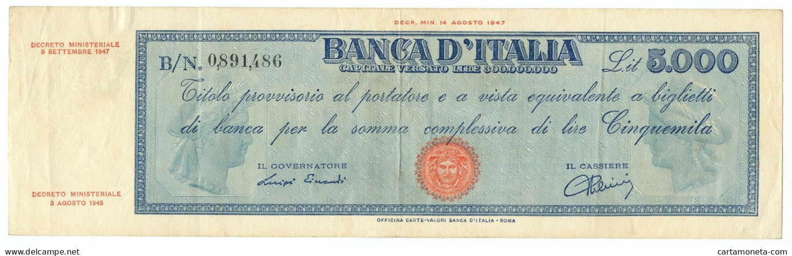 5000 LIRE TITOLO PROVVISORIO MEDUSA REPUBBLICA ITALIANA 08/09/1947 BB+ - Andere & Zonder Classificatie