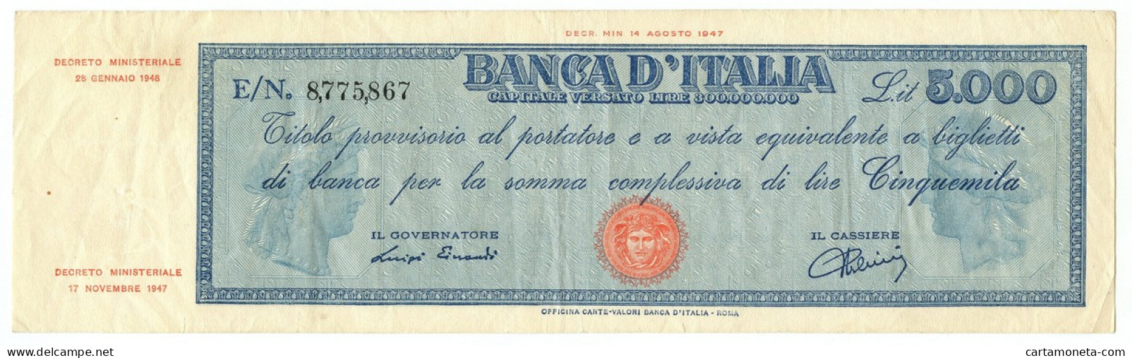 5000 LIRE TITOLO PROVVISORIO MEDUSA REPUBBLICA ITALIANA 28/01/1948 BB/BB+ - Autres & Non Classés