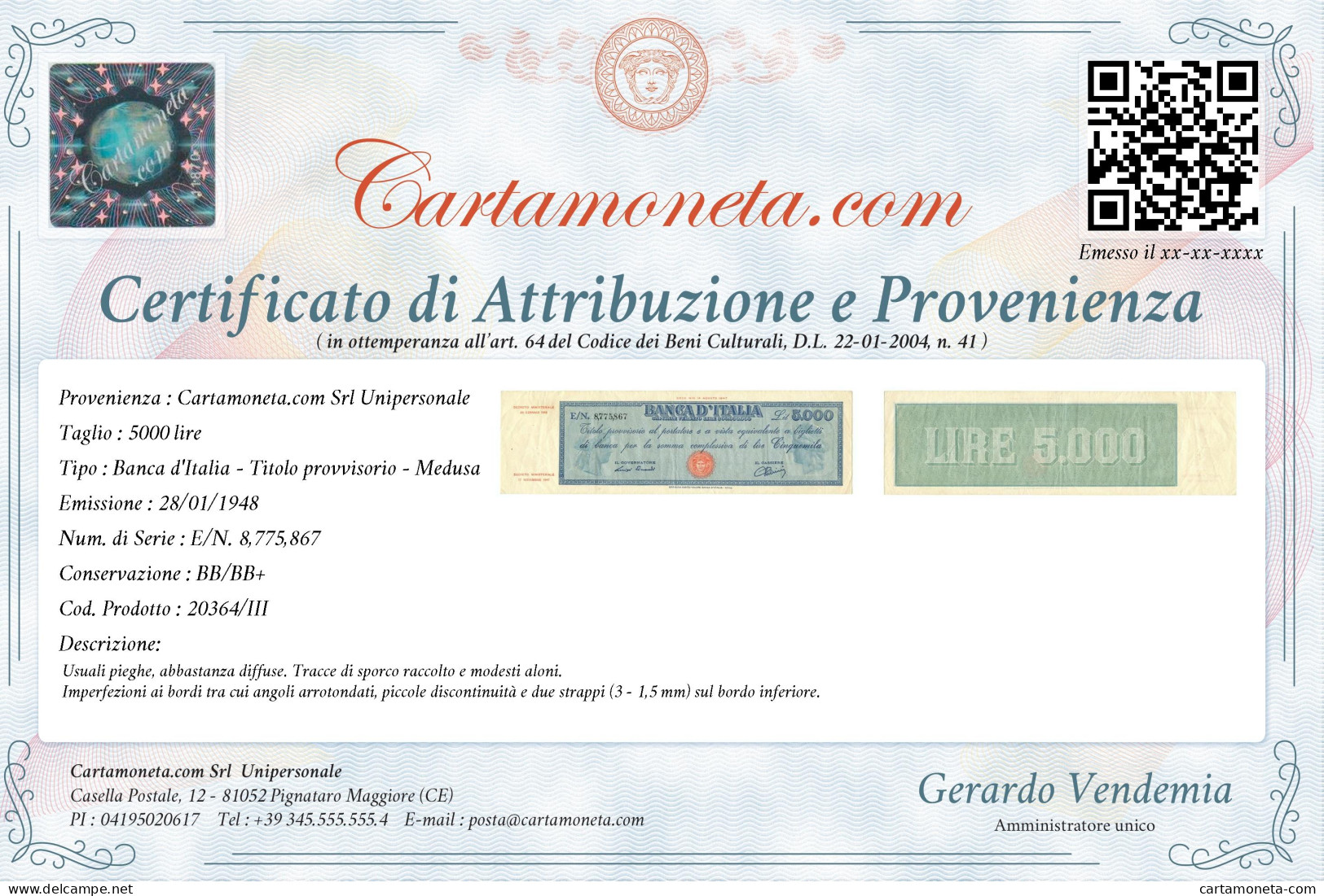 5000 LIRE TITOLO PROVVISORIO MEDUSA REPUBBLICA ITALIANA 28/01/1948 BB/BB+ - Andere & Zonder Classificatie