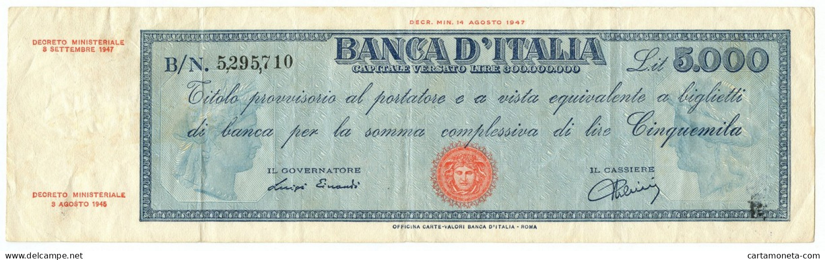 5000 LIRE TITOLO PROVVISORIO MEDUSA REPUBBLICA ITALIANA 08/09/1947 BB - Otros & Sin Clasificación