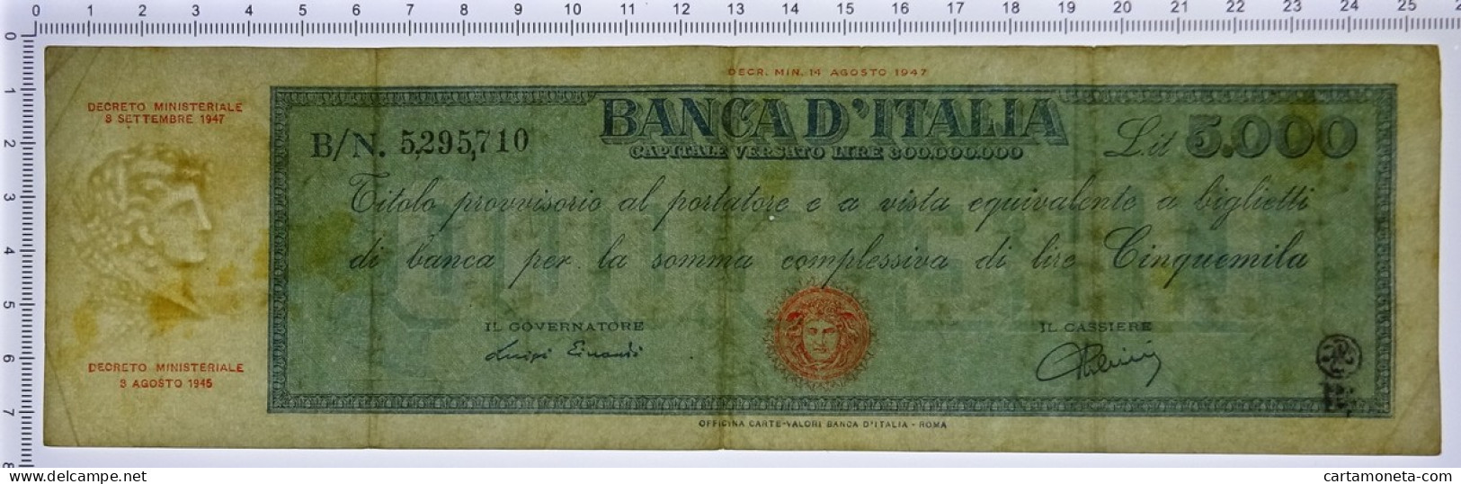5000 LIRE TITOLO PROVVISORIO MEDUSA REPUBBLICA ITALIANA 08/09/1947 BB - Sonstige & Ohne Zuordnung