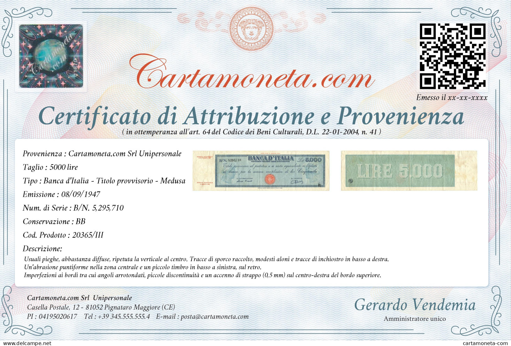 5000 LIRE TITOLO PROVVISORIO MEDUSA REPUBBLICA ITALIANA 08/09/1947 BB - Andere & Zonder Classificatie