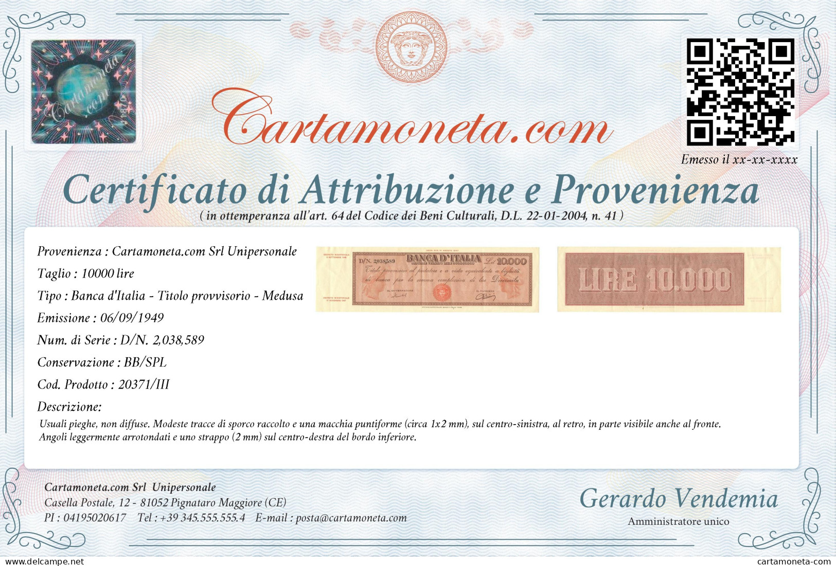 10000 LIRE TITOLO PROVVISORIO MEDUSA REPUBBLICA ITALIANA 06/09/1949 BB/SPL - Other & Unclassified