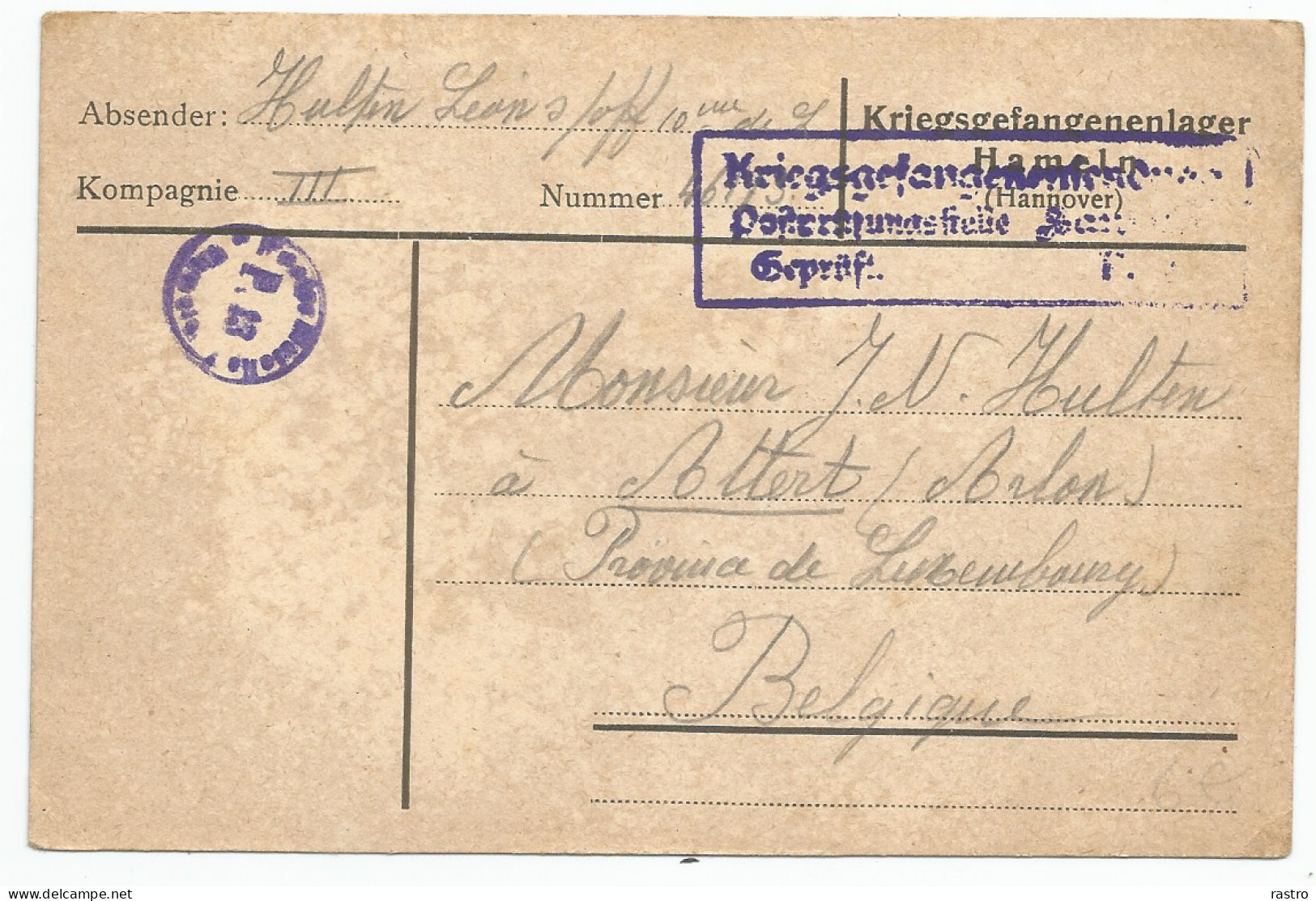 Courrier En Franchise De Prisonnier Belge Du Camp De Hameln (Hanovre) Vers Attert (1917)  Visas De Censure Du Camp - Prisonniers